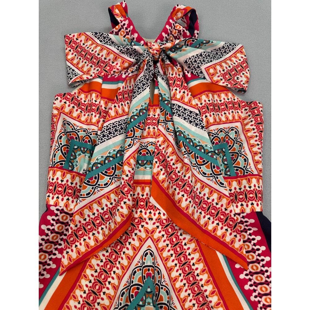 Eliza J Scarf Print Crepe De Chine Maxi Dress Keyhole Tie Pleated Boho Size 4 - Picture 8 of 13